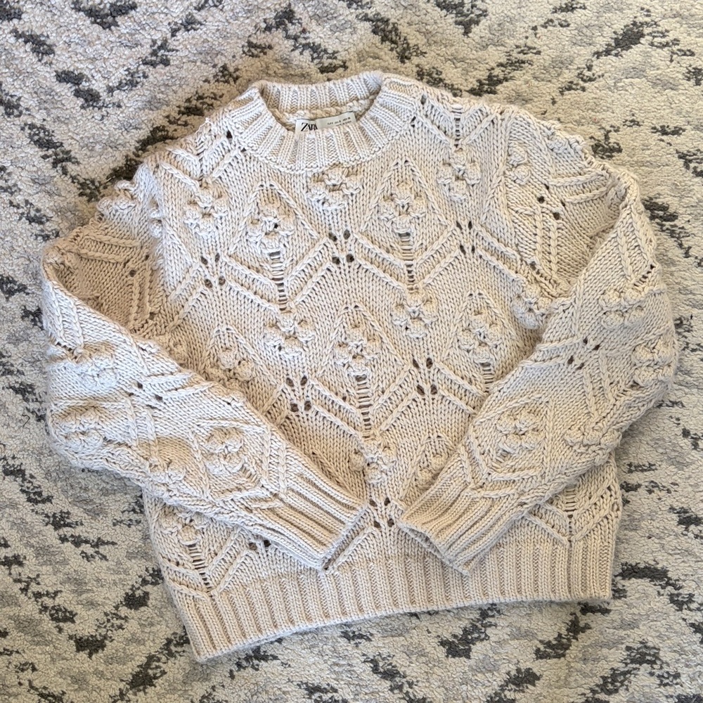Zara Cream Open-Knit Pom Pom Crewneck Sweater, small